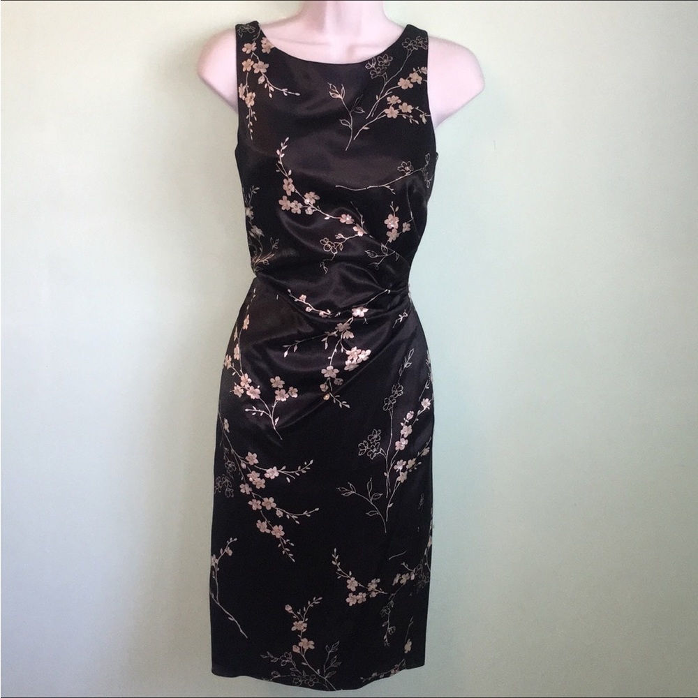 PlazaSouth Black Satin Cherry BLossom Dress Size 6